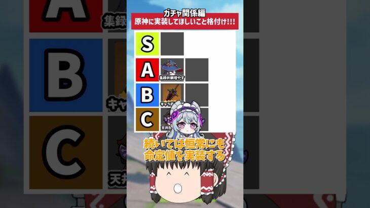 【原神】原神にガチャで実装して欲しいこと格付けランキングを作ってみた！実装してほしいことガチャ編   集録祈願の頻度増やして！【ゆっくり実況】 #原神 #ゆっくり実況 #short #shorts