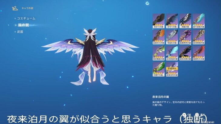 原神：夜来泊月の翼が似合うと思うキャラ（独断）