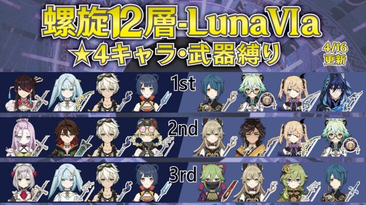 【原神】Luna6a 星4キャラ＆武器 螺旋12層星9攻略！[ファルザン/感電スクロ/満照蒸発嘉明/激化セトス/超開花]