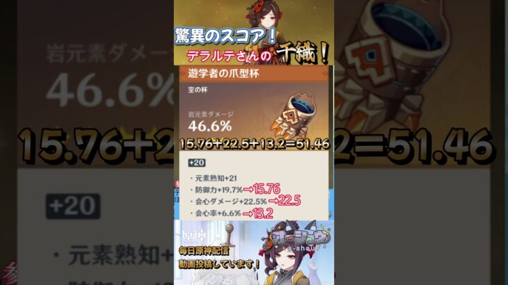 【原神】【聖遺物鑑賞】30秒で聖遺物紹介シリーズ第2弾！最強スコアのデラルテさんの千織！